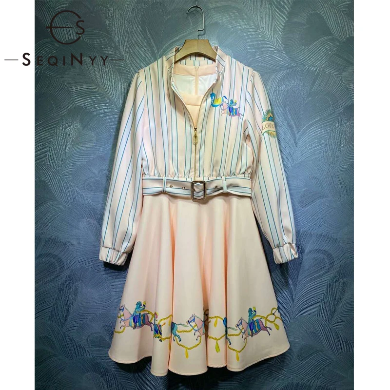 

SEQINYY Sweet Vintage Set 2020 Spring Autumn New Fashion Design Women Runway Stripes Jacket + Vest Dress Mini Animal Print
