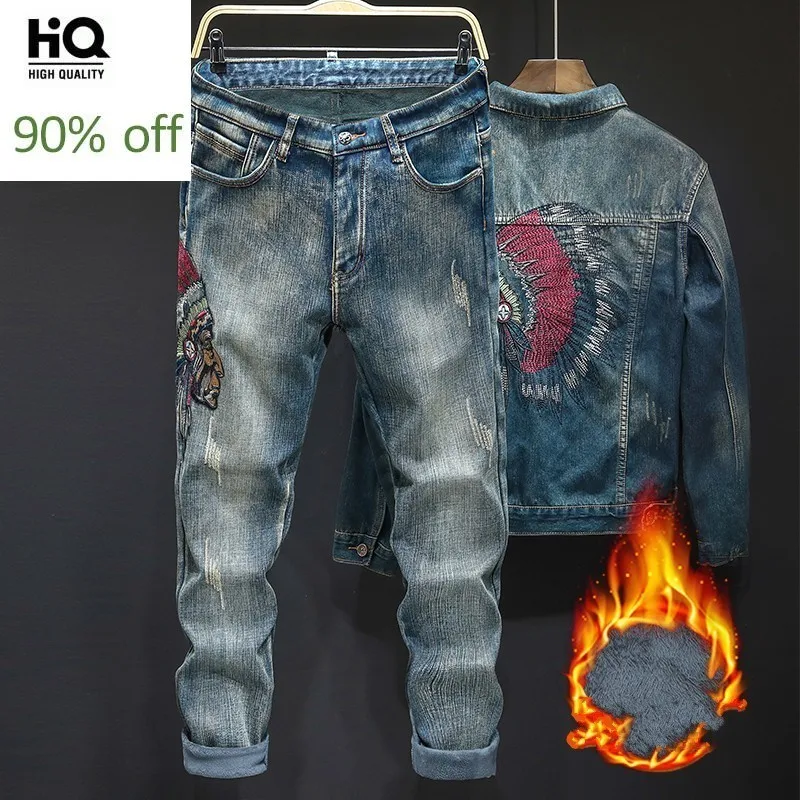 

Thick Fleece Lining Embroidery Ripped Men Winter Plus Size Denim 2Pcs Sets Long Sleeve Single Breasted Jackets Full Length Pants