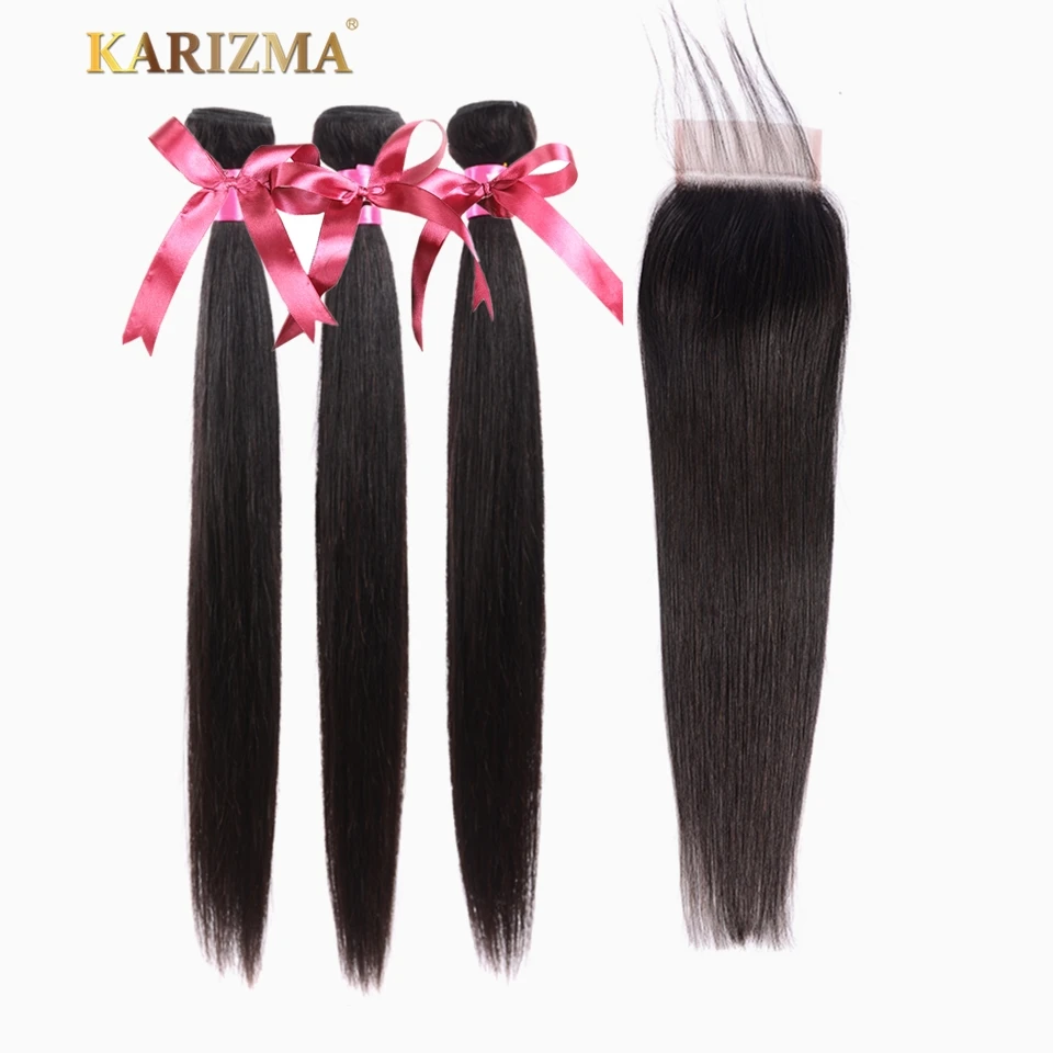 

Straight Hair Bundles With Closure Karizma Malaysian Hair 3 Bundles Free Part Lace Non Remy 4Pcs Human Hair Bundles With Closure