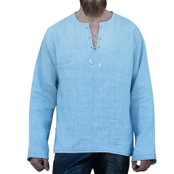 

Men's Spring Long Sleeve Shirts Summer Mens Casual V-neck Linen Top Shirts Pure Color Wide Loose Shirts Fashion Male