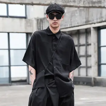 

EWQ / men's wear japan style loose vintage casual black shirt with small bag 2020 summer new male oversize tops streetwear Y2488