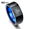 Personality 10mm Retro Big Head Style Tungsten Carbide Rings Vacuum Plating Black with Blue Rings Laser Masonic Sign  Jewelry 1