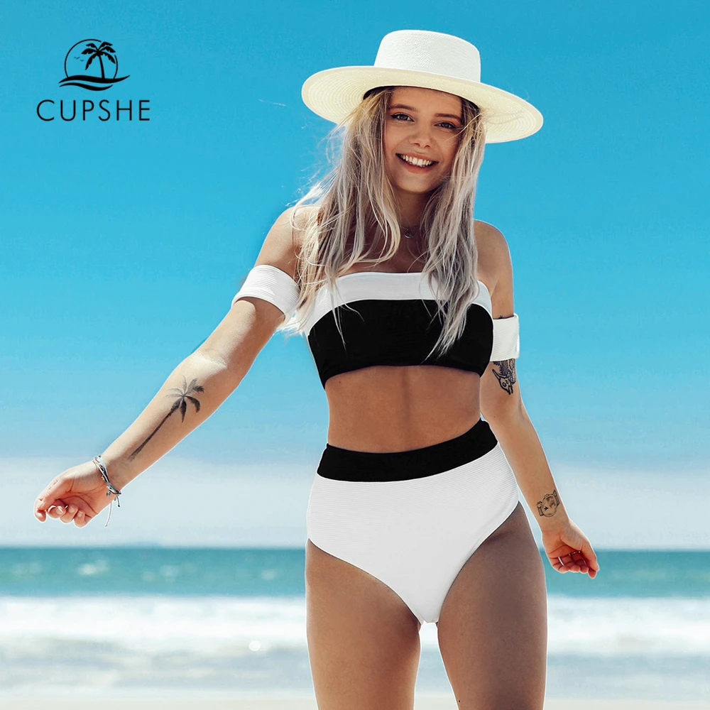 

CUPSHE Black and White Bandeau Top High-Waitsed Bikini Sexy Swimsuit Two Pieces Swimwear Women 2019 Beach Bathing Suits