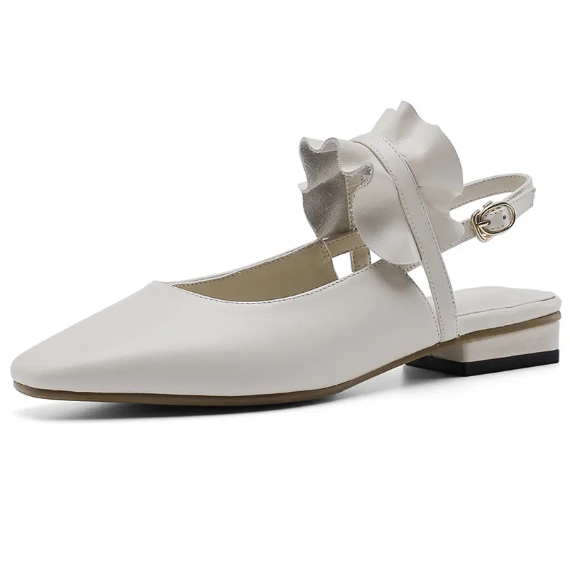 

Ruffles Women Sandals Pointed Toe Woman Flats Buckle Strap Sweet Casual Shoes Real Leather Sandals Ladies Party Female Shoes New