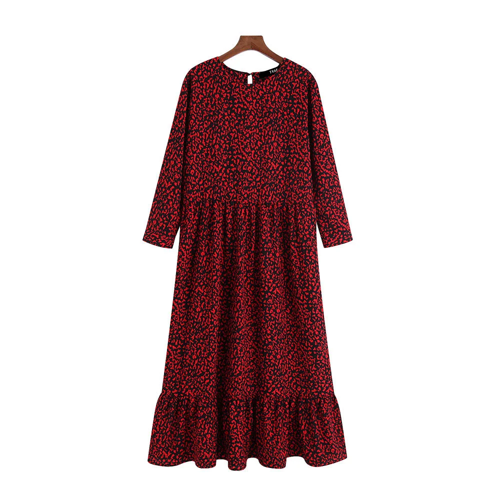 TRAF женское стильное леопардовое винтажное платье-миди с рюшами, с круглым вырезом, рукавом три четверти, женские платья vestidos mujer - Цвет: as picture