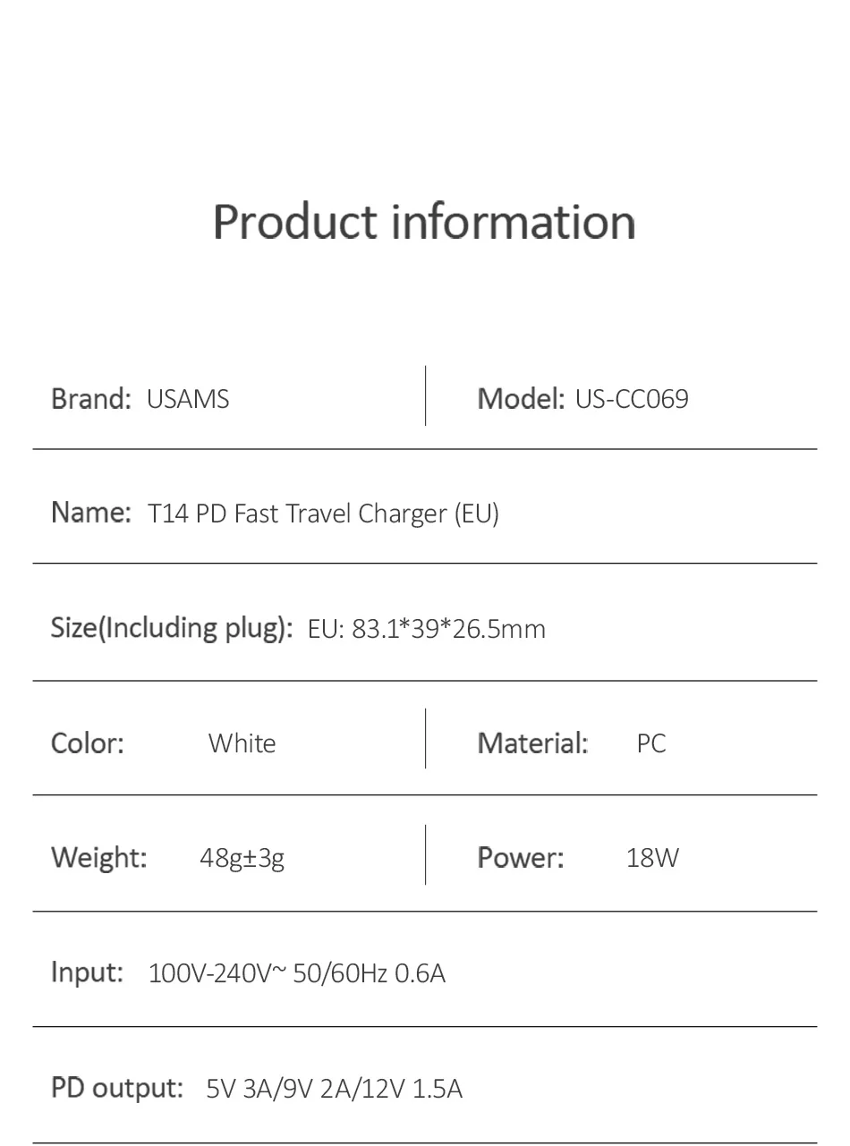 USAMS EU/US 18 Вт PD быстрое USB зарядное устройство Тип C быстрое зарядное устройство для iPhone X XS XR 8 зарядное устройство для мобильного телефона huawei samsung адаптер