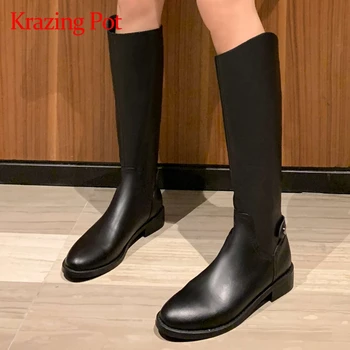 

Krazing pot genuine leather round toe med heel western boots simple style winter hot sale keep warm fashion knee-high boots L68