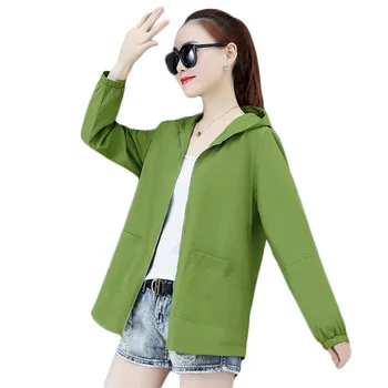 

Sunscreen jacket women green L-6XL plus size hooded coat 202 spring summer thin loose long sleeve outdoor riding clothing CX1149