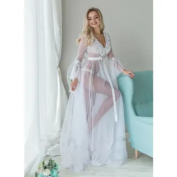 

New Women Ladies Sexy Lingerie Lace Long Dress Bath Robe Gown Babydoll Nightwear Sleepwear White