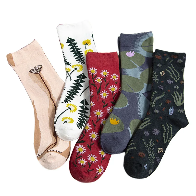 

Floral Print Cotton Women Socks Autumn Winter Midi Sock Harajuku Funny Breathable Sock Woman
