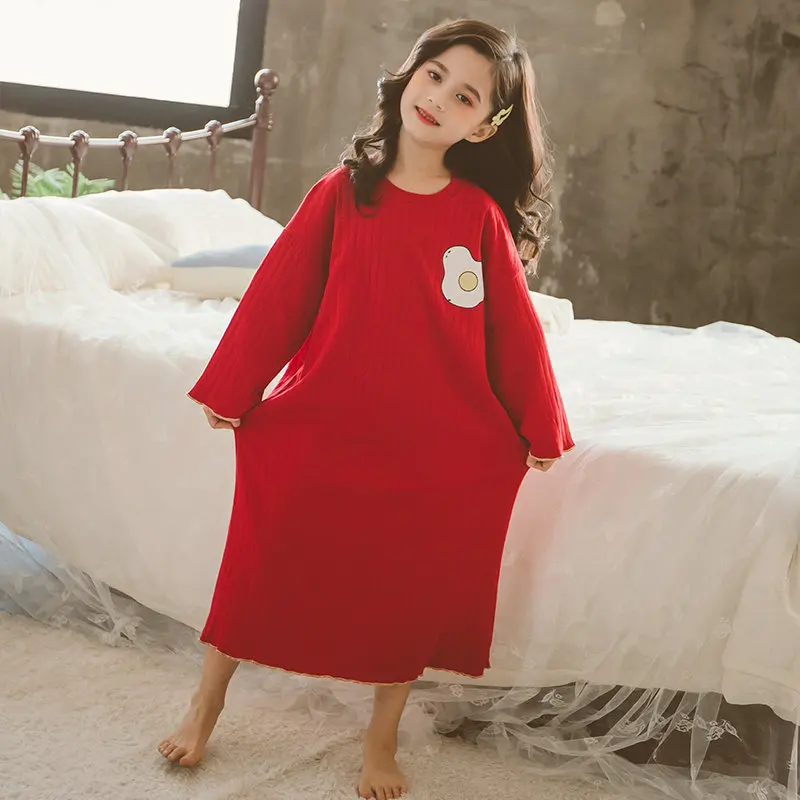 Свободная стильная детская хлопковая трикотажная пижама для девочек, пижама с рисунком арбуза, платье для девочек-подростков, красивая ночная рубашка с длинными рукавами - Цвет: Красный