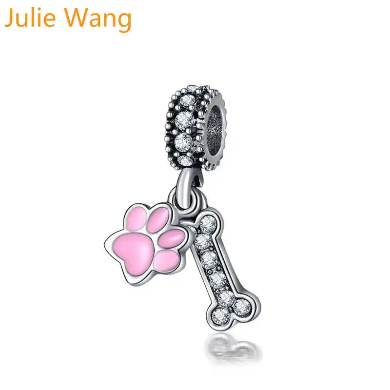 Julie Wang 5PCS Bone Bead Charms Enamel Pet Paw Print Rhinestone Zinc Alloy Bracelet Necklace Jewelry Making Accessory | Украшения и