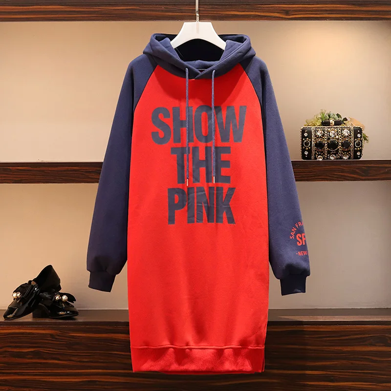 

Casual Autumn Winter Warm Women Midi Plus Velvet Hooded Sweatshirt Dress Plus Size Letter Printed Long Pullover Loose Streetwear