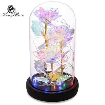 

AINYROSE 3 Heads Galaxy Rose Eternal 24K Gold Foil Flowers in Glass Dome With LED Light Lamp Gifts for Wedding Valentine's Day