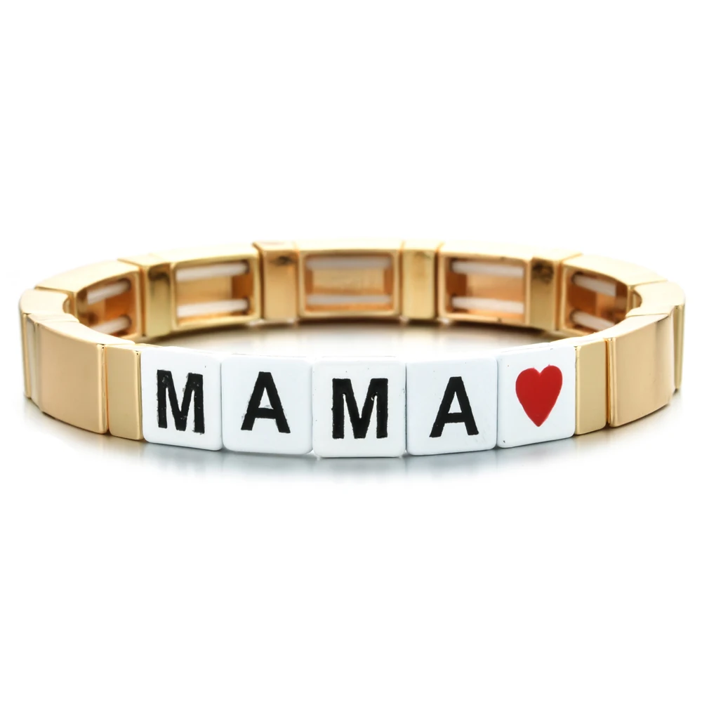 ZMZY Love Mama Bohemian Handmade Rainbow Bracelet Women Elastic Stretch Stack Cuff Square Tile Beads Enamel Bracelet Jewelry