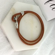 925 пробы Серебряный классический двойной кожаный браслет золотой загар женский шарм DIY Ювелирные изделия