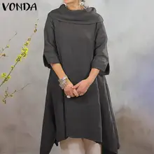 Осеннее платье повседневное поддельные драпированные шарф шеи Половина рукава платья VONDA свободный пляжный сарафан богемные Vestidos плюс размер
