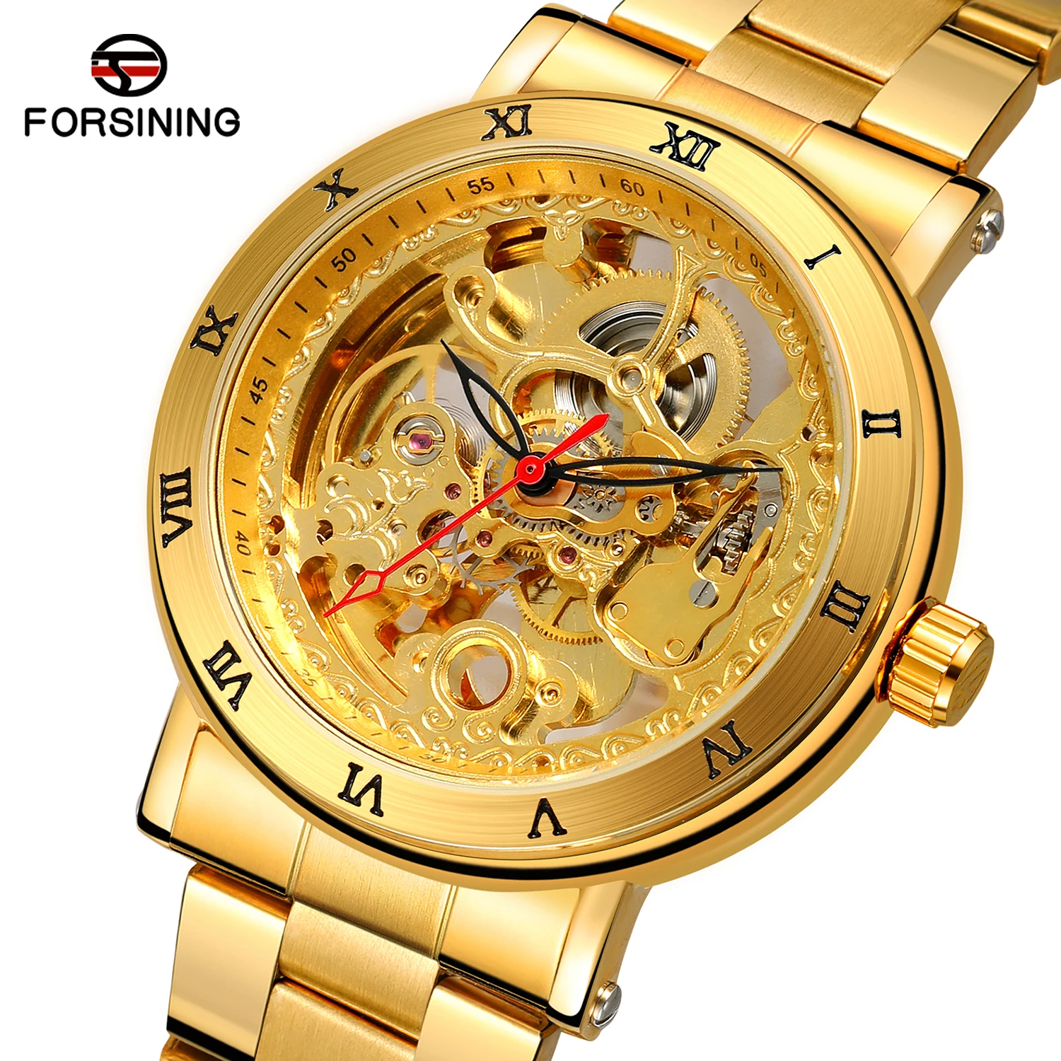 

Forsining Full Golden Luxury Watches Black Red Hands Design Waterproof Men's Automatic Watches Folding Clasp with Safety Clock