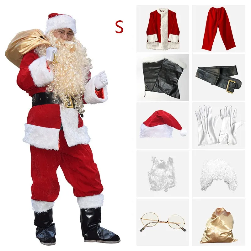 

10pc Christmas Costume Men's Deluxe Santa Velvet Leather Santa Claus Clothes Set Tops Coats Pants Cap Glove Belt Shoe Gift Bag