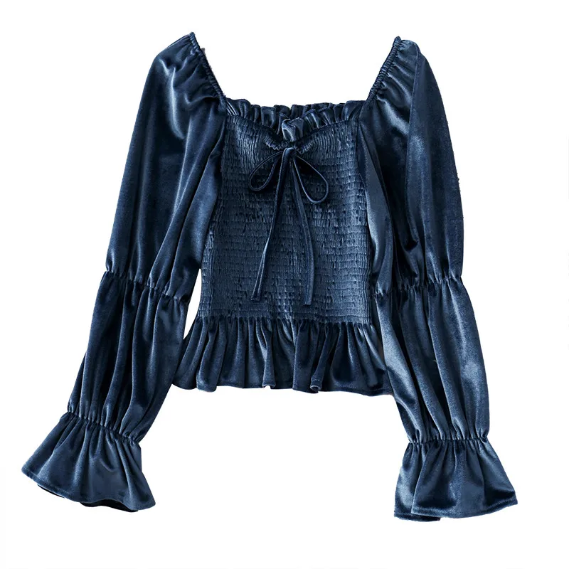 New Spring Autumn Women Slash Neck Velvet Shirt Tie Bow Ruffle Blouse Female Flare Sleeve Blouses Bottoming Short Tops AB1693