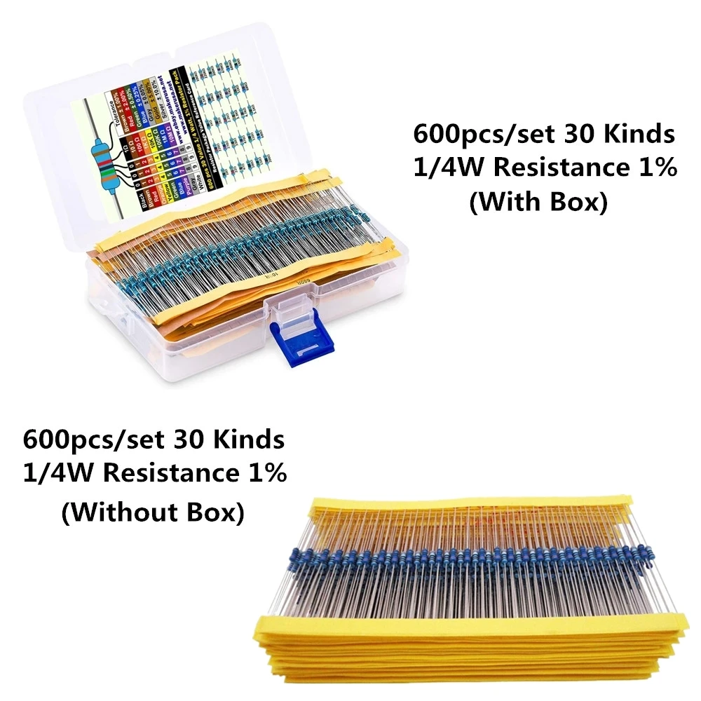 600PCS/LOT 1/4W Metal Film Resistor Kit 1% Assorted Set 10 -1M Ohm hm Resistance Pack 30 Values each 20pcs | Электронные