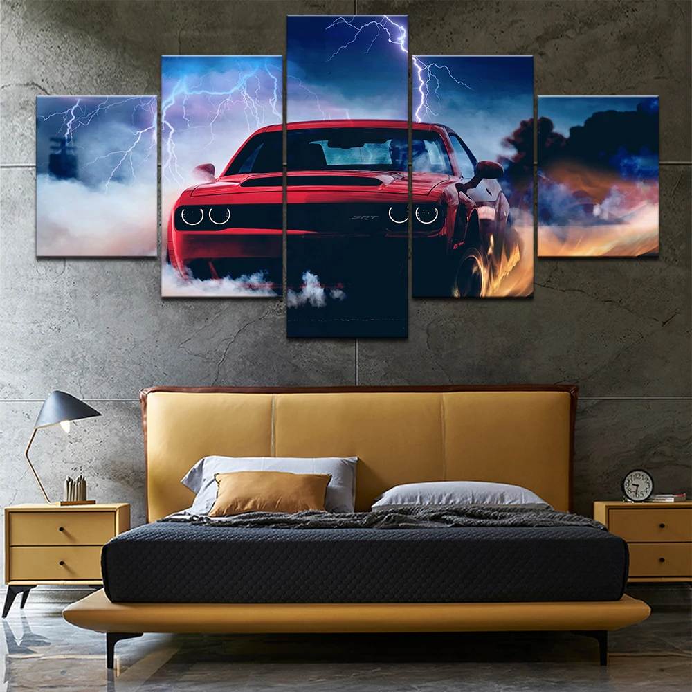 

No Framed 5 Pieces Dodge Challenger Devil Car Wall Art Canvas Posters Pictures Paintings Home Decor for Living Room Decorations