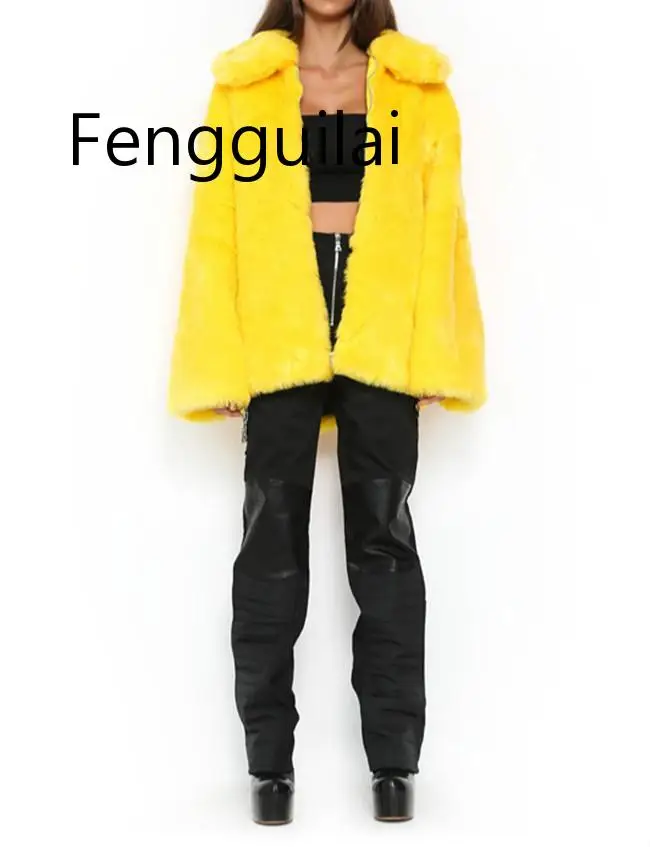 FENGGUILAI, пальто из искусственного меха, Женская Толстая Брендовая верхняя одежда, уличная одежда, женские желтые меховые пальто и куртки, зимнее теплое меховое пальто