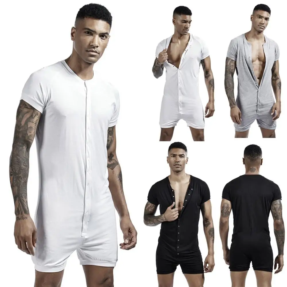 

Men's Fashion New Style Sleepwear Sexy Short Sleeve Open Front Bodysuit Pure Color Button Casual Onesies Men 2019 Hot Sale