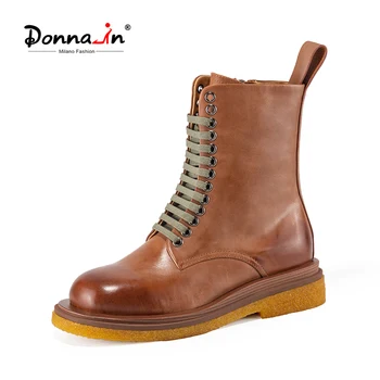 

Donna-in 2020 new style Mid-tube designer Winter women's boots flat heel leather breathable Lace up mid-tube women boot fashions