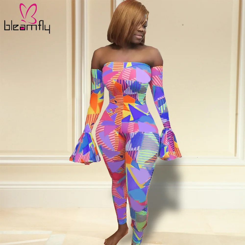 

Off Shoulder Jumpsuit Women Boho Printed Rompers One Piece Bodycon Long Playsuits Vintage Sexy Club Outfits Overalls Body Femme