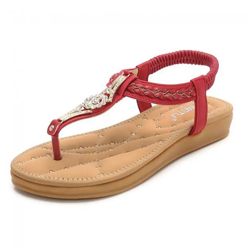

Summer Ladies Crystal Gladiator Sandals Women Elastic Band Open Toe Rhinestone Roman Sandals Flat Beach Shoes Sandale Femme Red