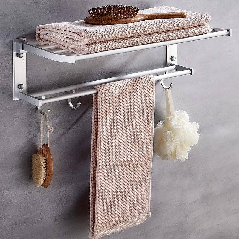 

Hole-Punched Alumimum Towel Rack Foldable Double Layer Activity with Hook Bathroom Storage Towel Rack Pendant Wholesale