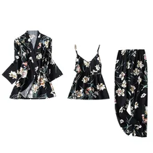 Женская пижама с принтом, одежда для сна, длинные брюки, комплект из 3 предметов, халат, ночное платье без рукавов, повседневное Ночное эротическое нижнее белье, ночные рубашки