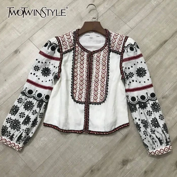 

TWOTWINSTYLE Embroidery Vintage Women's Jacket O Neck Open Stitch Beading Patchwork Short Coat Female 2020 Fashion Autumn