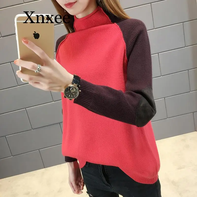 Wool sweater stitching multicolor Turtleneck autumn winter new women's turtleneck sweater loose Korean color matching long Wool sweater stitching multicolor Turtleneck autumn winter new women's turtleneck sweater loose Korean color matching long