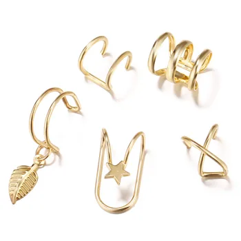 

Ear Cuffs Clip 5PCS/Set Fashion Gold Leaves Personality Double C Cartilage U-shaped Double Without Piercing Fake Cart Earrings