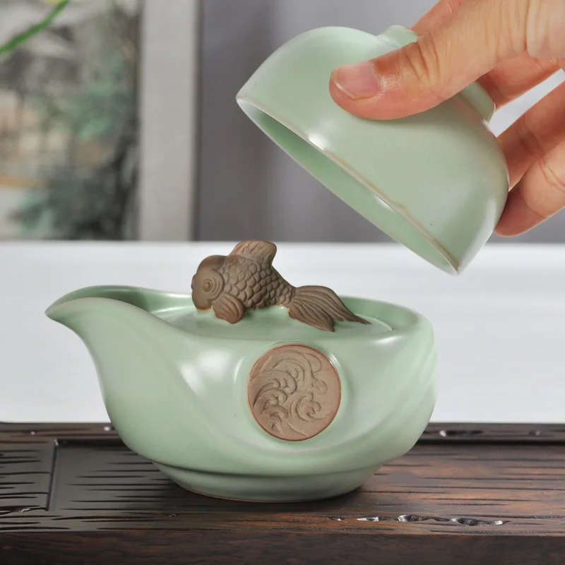 Чайный набор включает в себя 1 горшок 1 чашка RuYao Geyao рыба дракон Кунг-фу чайная чашка горшок Quick чашки открывающийся кусок чайный набор Ru печной фарфор - Цвет: Ru Kiln