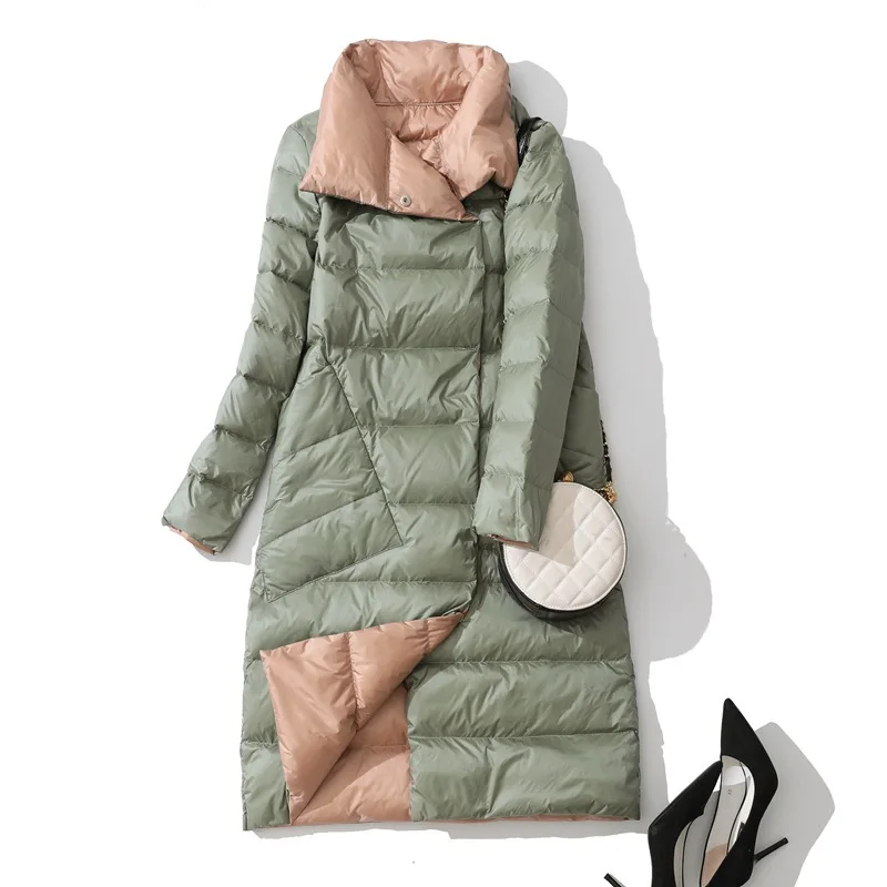 Женский Двухсторонний пуховик, Длинная зимняя куртка с воротником-хомутом, пальто из белого утиного пуха, двубортные теплые парки, зимняя верхняя одежда-80