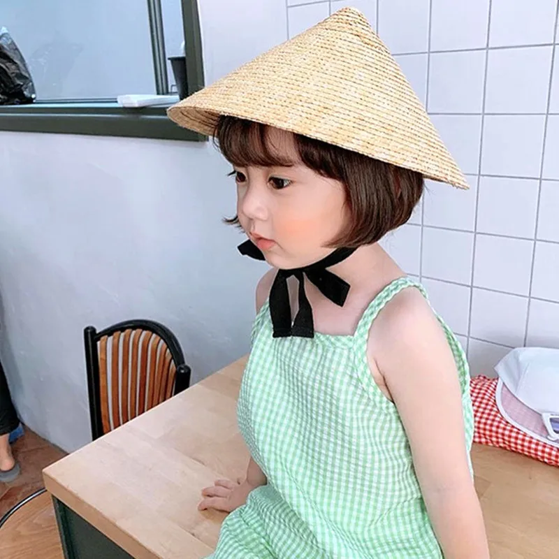 2021 Spring Summer Boy Girl Bamboo Straw Hat Kids Beach Holiday Lace Up Straw Plaited Children Baby Outdoor Sun Block Hat 1-5T block sun child baby girl boy adult female summer hat british retro big bow princess curling straw beach hat dxm2