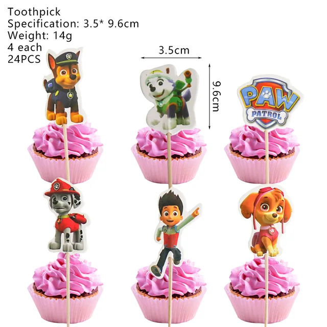 Paw Patrol Cake Decoration Set Children's Birthday Party Plug-in Cartoon Figures Baking Supplies Kids Anime Kawaii Cup Cake Card 24pcs 20g