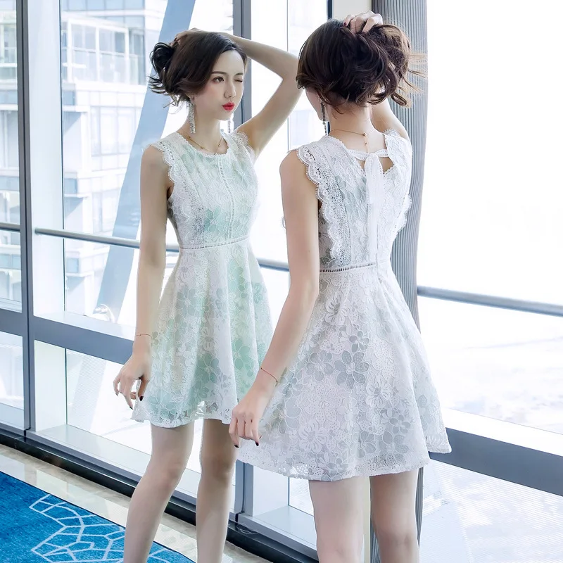 

WOMEN'S Dress 2019 Summer Wear Debutante Elegant Crew Neck Lace High-waisted A- line Short-height Dress