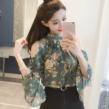 

Fashion Floral Print Chiffon Blouse Women Sexy Cold Shoulder Casual Tops Female Blouse 1