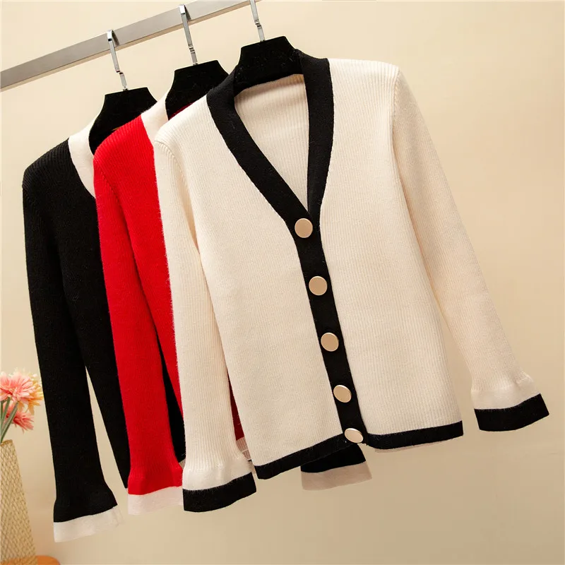 Осень длинный рукав вязаный женский кардиган с v-образным вырезом однобортный свитер