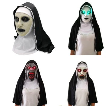 

The Nun Horror Mask With LED Light Halloween Party Valak Cosplay Helmet Scary Latex Masks With Headscarf Costume Props Adult