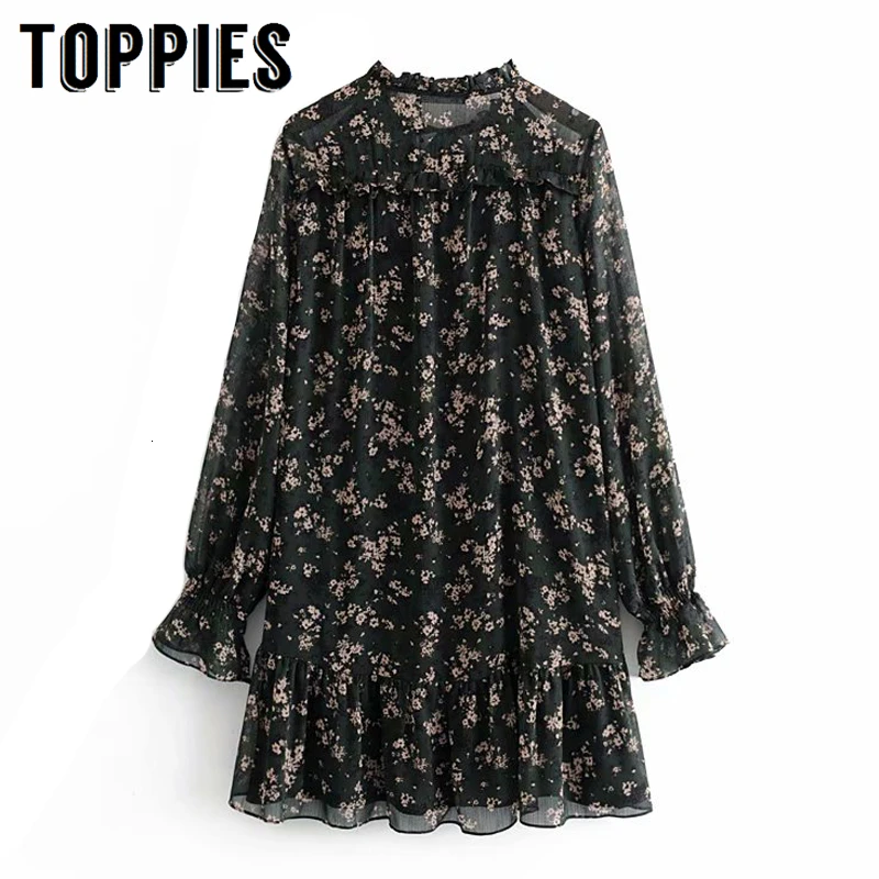 Baratos Vestido de chifón negro para mujer, Mini vestido de manga larga con volantes, bonito vestido de Lolita para chicas, 2019 ropa coreana para mujer