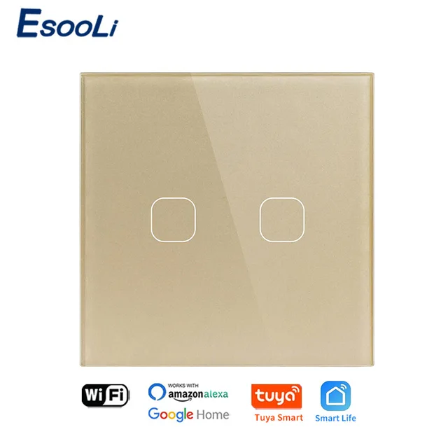 EsooLi Tuya Smart Life Glass Panel EU/UK Standard Touch Switch Zero/Single Fire Line Voice Control Light Wireless Wall Switch WIFI Gold 2 Gang