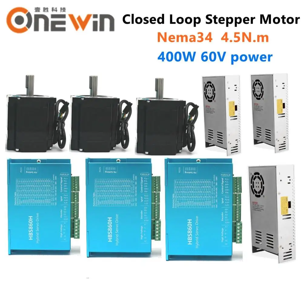 

3 set 4.5N.m Nema34 86mm closed loop stepper motor 2 phase 86HBS45 and HBS860H Hybird Easy Servo 400W 60V switch power supply