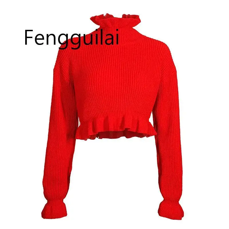 Ruffles Knitting Sweater Women Cropped Pullover Red Sexy Turtleneck Long Sleeve Crop Top Fall 2020 Sweaters Ruffles Knitting Sweater Women Cropped Pullover Red Sexy Turtleneck Long Sleeve Crop Top Fall 2020 Sweaters