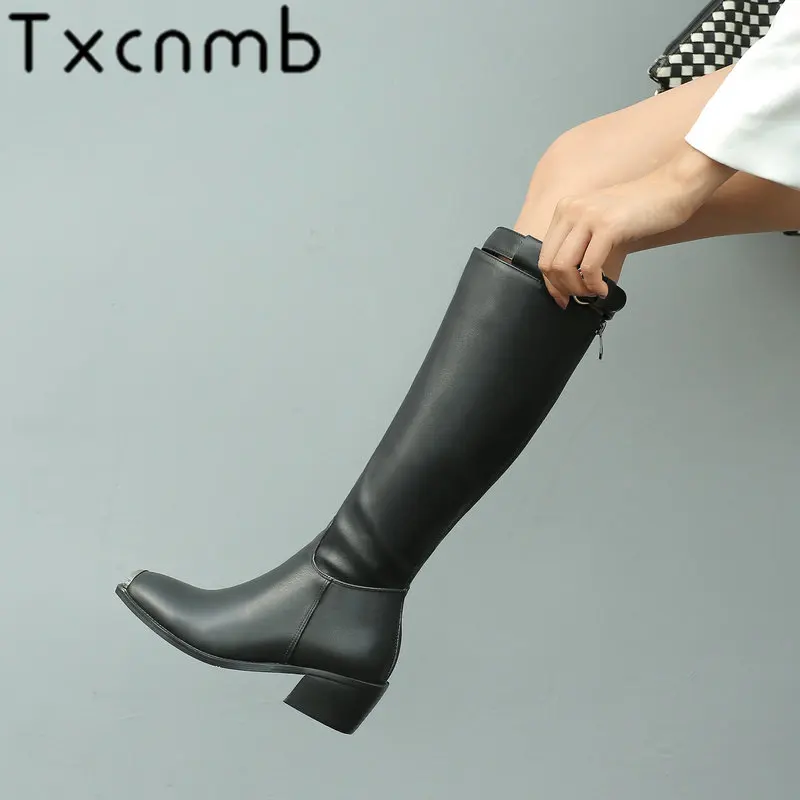 

TXCNMB Knee-high Boots Women Winter Genuine Leather Square Toe Thick High Heel Metal Boots Zipper Plush Lining Ladies Shoe