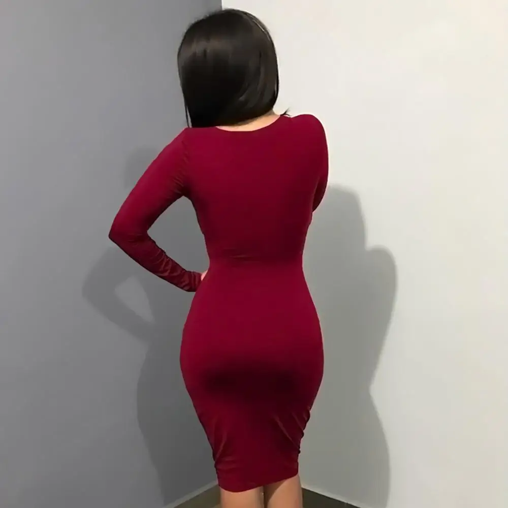 2020 Autumn Long Sleeve Sexy Dress V neck Bodycon Hollow Out Club Party Dresses Evening Night Ladies Midi Vestidos